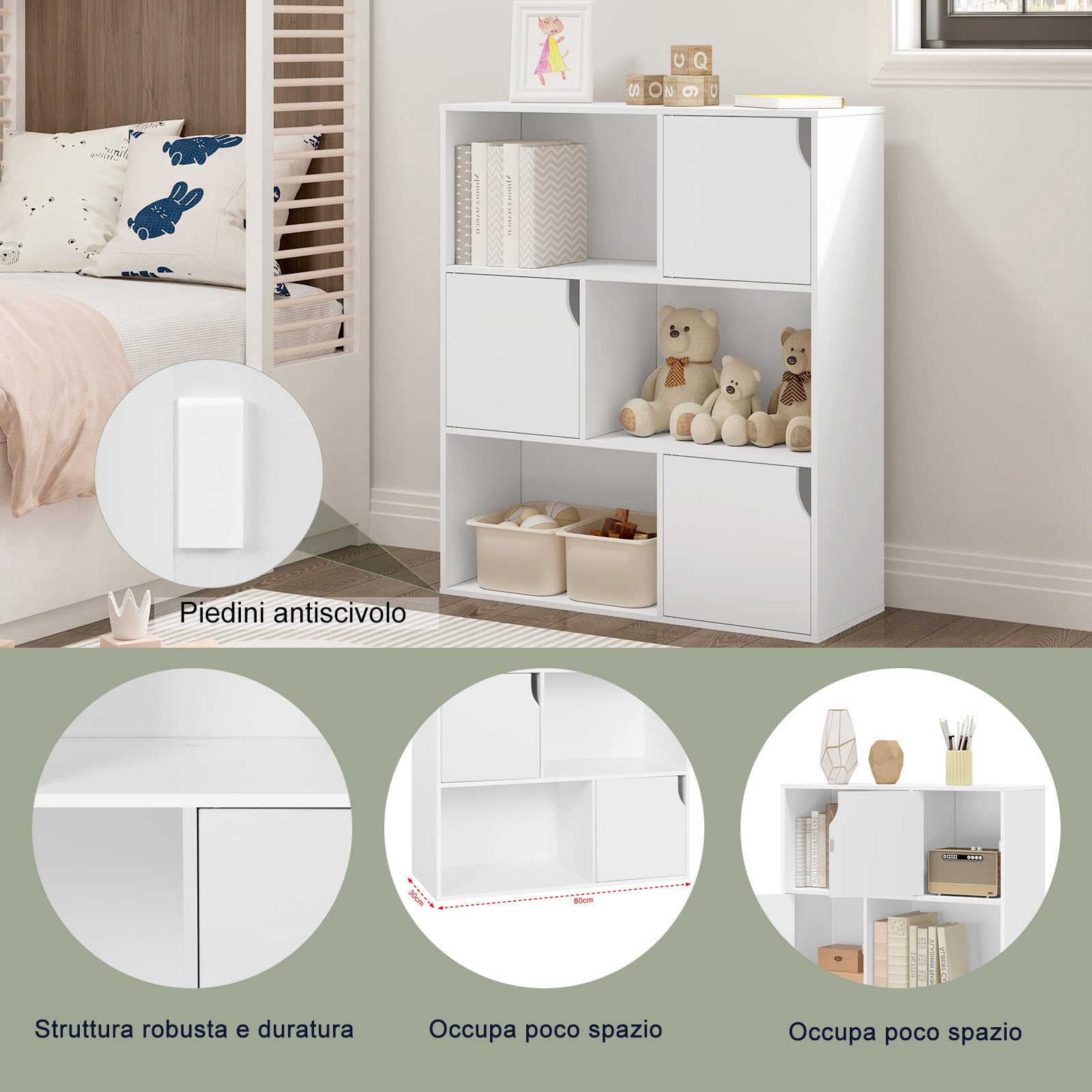 eSituro Libreria Autoportante a 6 Scomparti, Porta Libri con Ante, Scaffale a 3 Ripiani Portaoggetti, Divisorio per Ambienti, Ufficio, Studio, Soggiorno, in Legno, 80x30x96cm, Bianco, SBKC0050