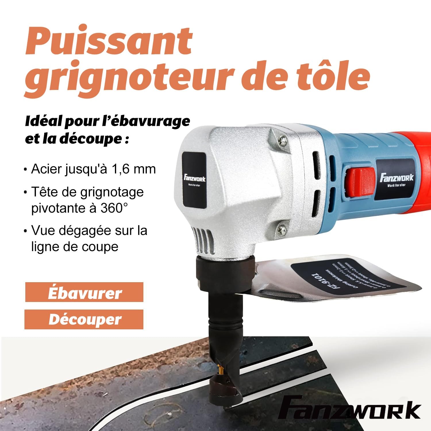 FANZWORK Grignoteuse électrique pour Tôle et Plastique 600W, avec Boîte à Outils et 2 Goupilles Cannelées, 2000 tr/min max, Tête de Coupe Orientable à 360°, Outil de Découpe du Métal