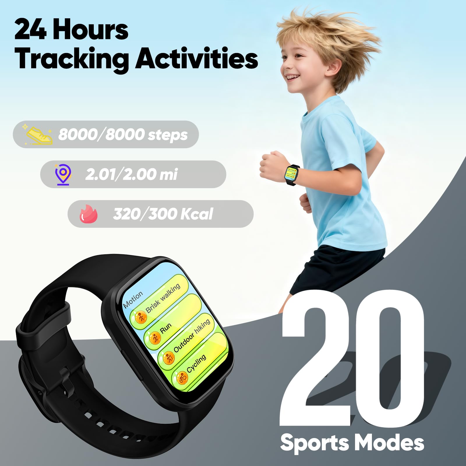 Kids Smart Watch for Boys Girls, HD Touchscreen Fitness Tracker with Heart Rate, Sleep Monitor, Activity, Pedometer, IP68 Waterproof SmartWatch with/without App, Gifts for Kids 4-12 (Black) — view 4