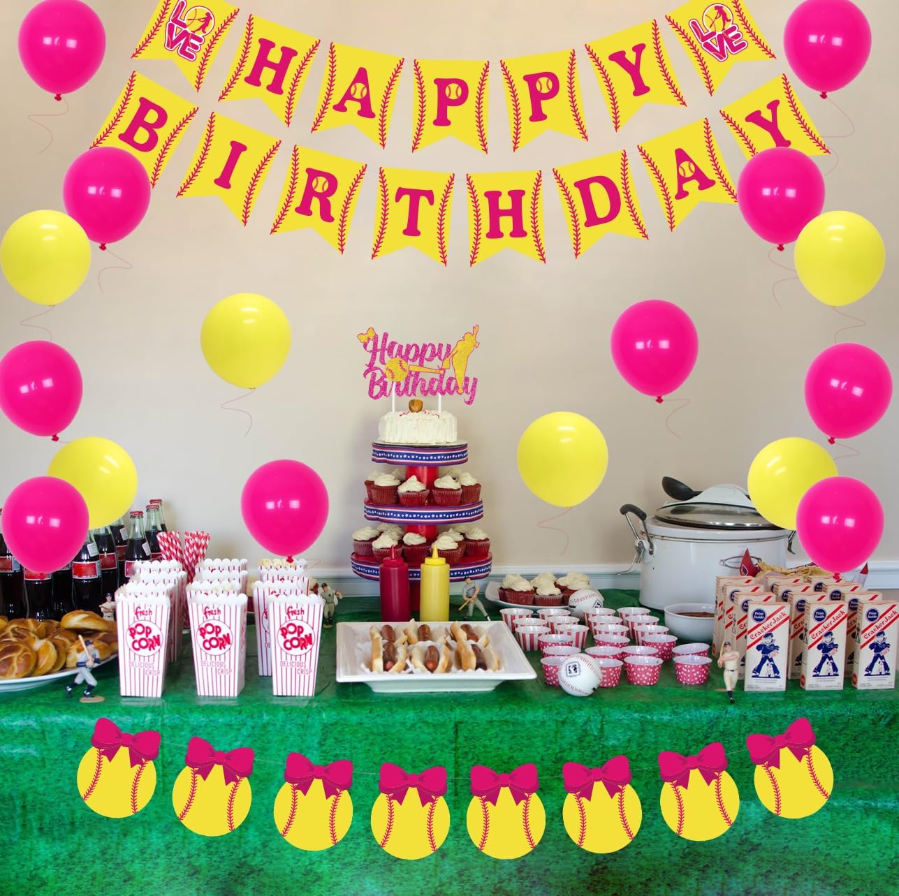 Softball Birthday Decorations for Girls, Fast Pitch Happy Birthday Banner Cake Topper, Cupcake Toppers Pink and Yellow, Sports Fast ball Party Supplies