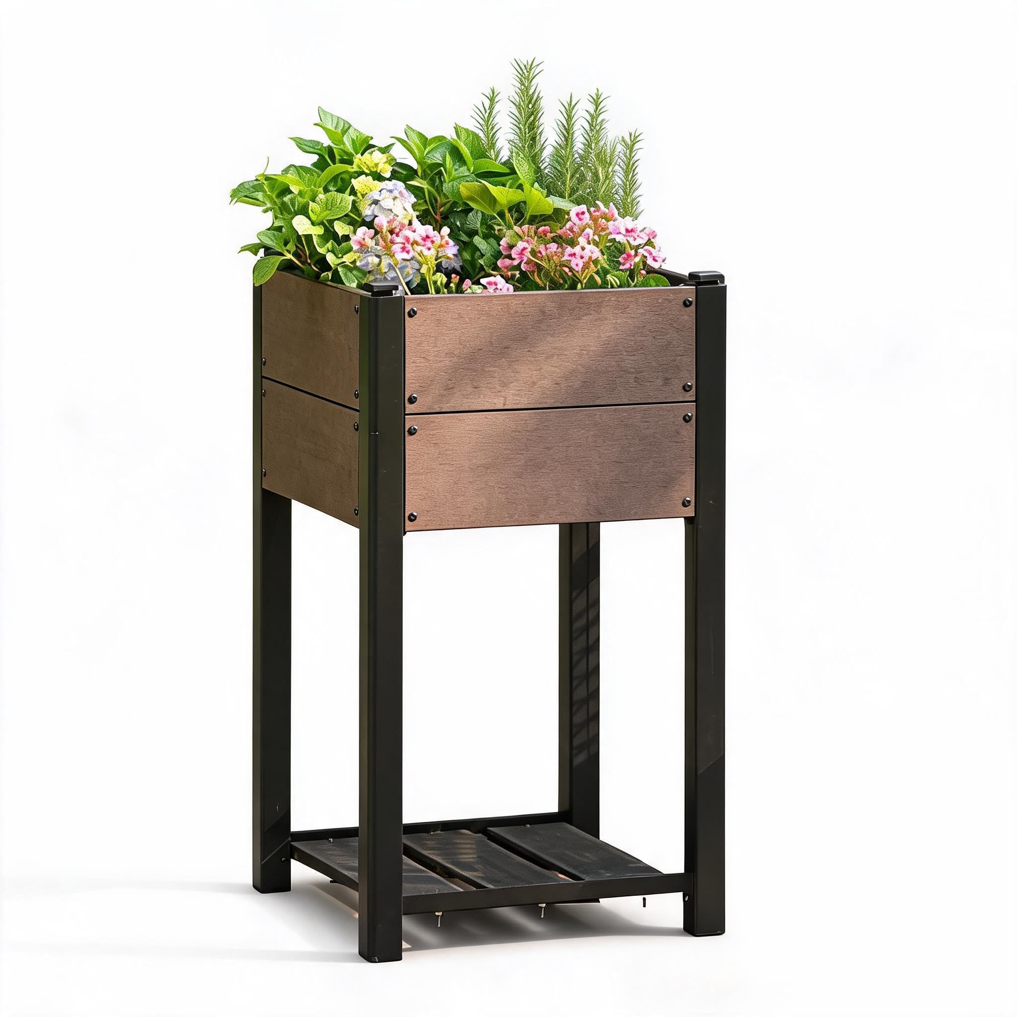 Aptliton Elevated HDPE Wood Grain Raised Planter Box with Storage Shelf – Durable Black Aluminum Frame, All-Weather Design for Vegetables & Herbs – Perfect for Patio or Balcony – 49x49x85cm