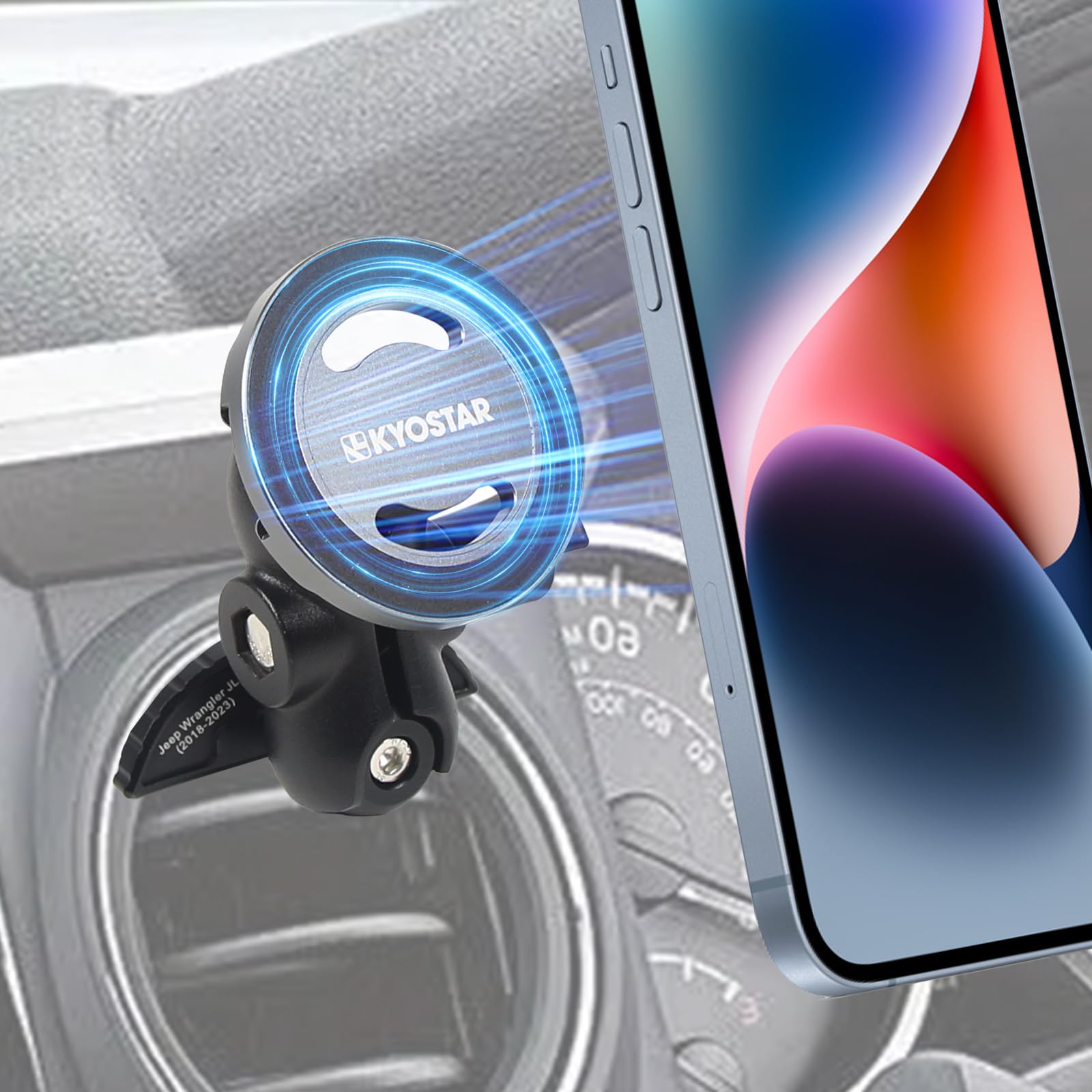 Kyostar Supporto magnetico per telefono per Jeep Wrangler JL 2018-2023, supporto per bocchetta di ventilazione auto, regolabile a 360°, forte aspirazione per tutti gli smartphone