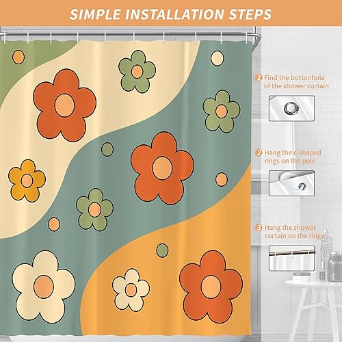 Miniatura 6 de Linda cortina de ducha retro de los años 70 con diseño floral de margaritas para baño, 72 pulgadas de ancho x 72 pulgadas de alto, decoración de
