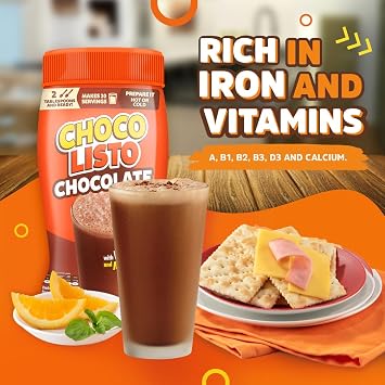 Chocolisto Instant Chocolate Drink, Nutritious Beverage with Vitamins and Minerals, 10.5 oz, Pack of 1.