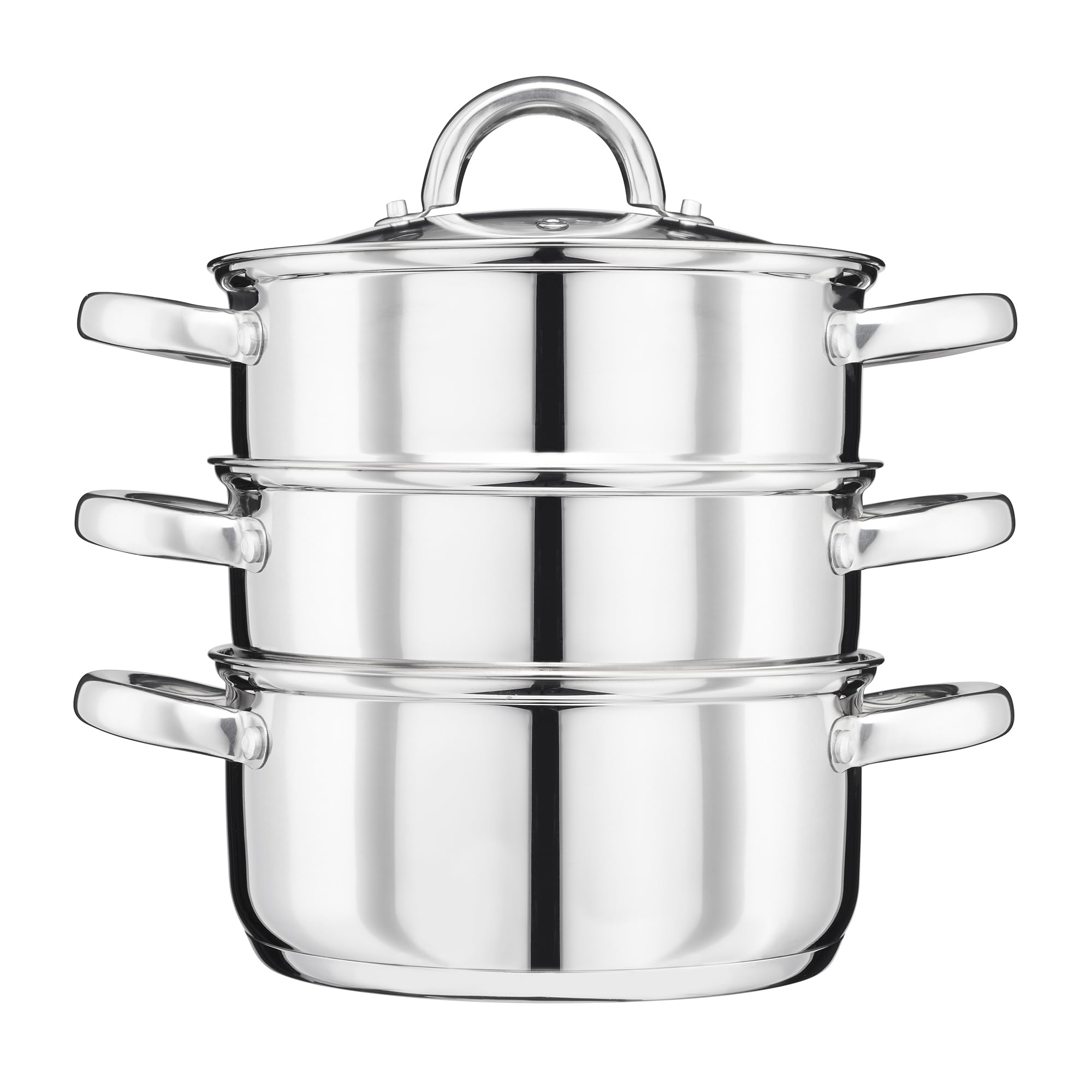 Cooks Professional 3 Tier Stainless Steel Steamer Pan | Durable Vegetable Steam Cooker Pots with Glass Lid, Vent & Twin Handles | Suitable for All Hobs Inc Induction | Dishwasher Safe | 20cm Diameter