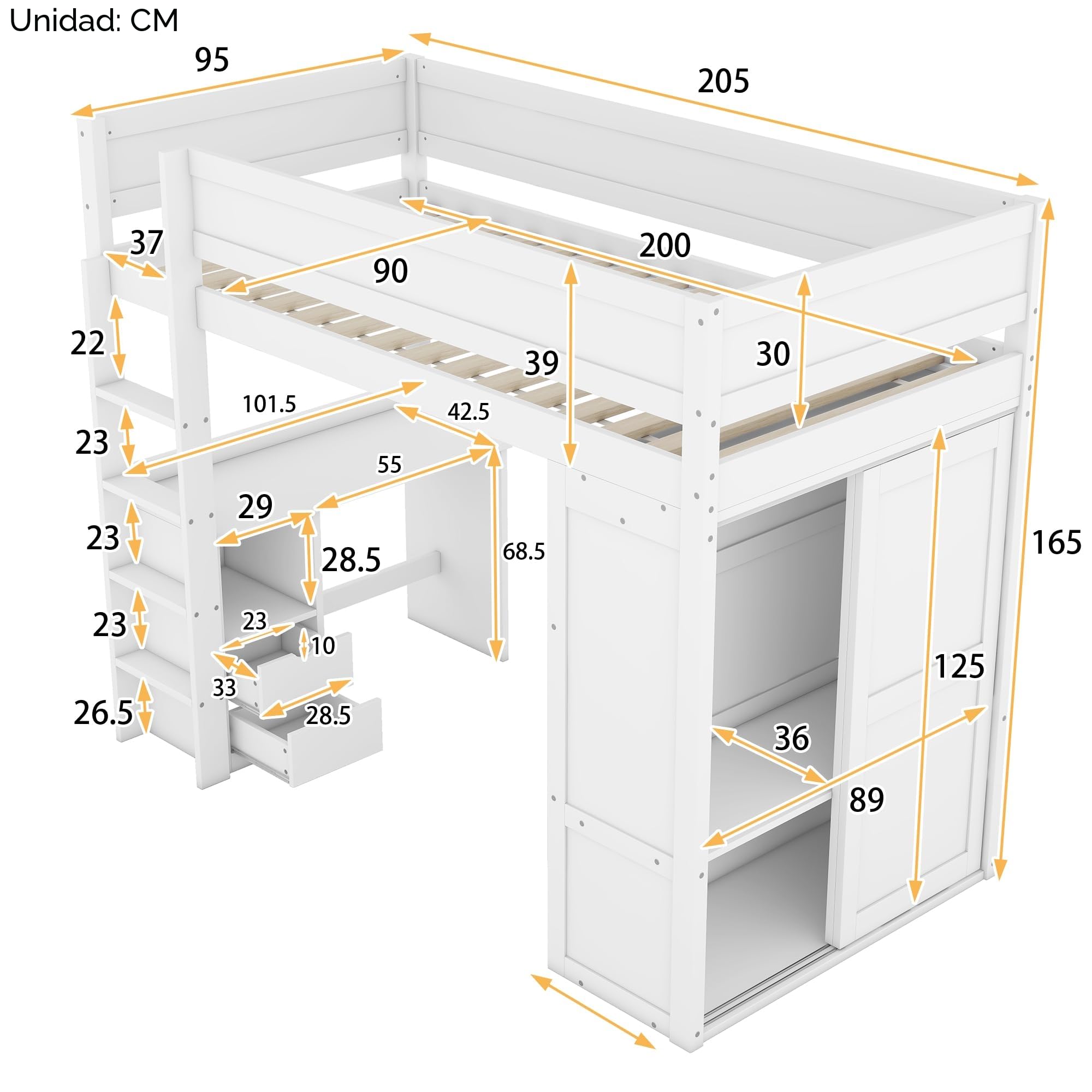 Moimhear Cama alta de 90x200cm, cama infantil versátil, equipada con armario, escritorio y cajones (Blanco)