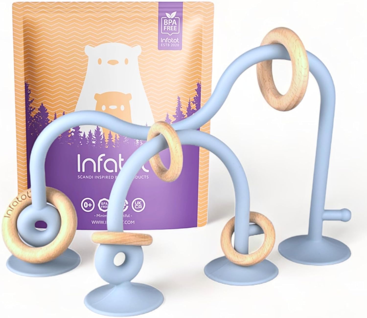 Infatot® Teething Suction Toy – Wood & Silicone Baby Toys 0-6 Months, Sensory Toy for Early Development, Suction Teether for High Chair, Baby Gift for Boys and Girls – Blue