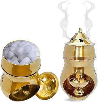 Brass Camphor Aroma Burner with Diya Includes Small Brass Bell or Om Diya with Rudraksha Handles Spiritual Gift Set | The Magic Bella Burner + Small Bell