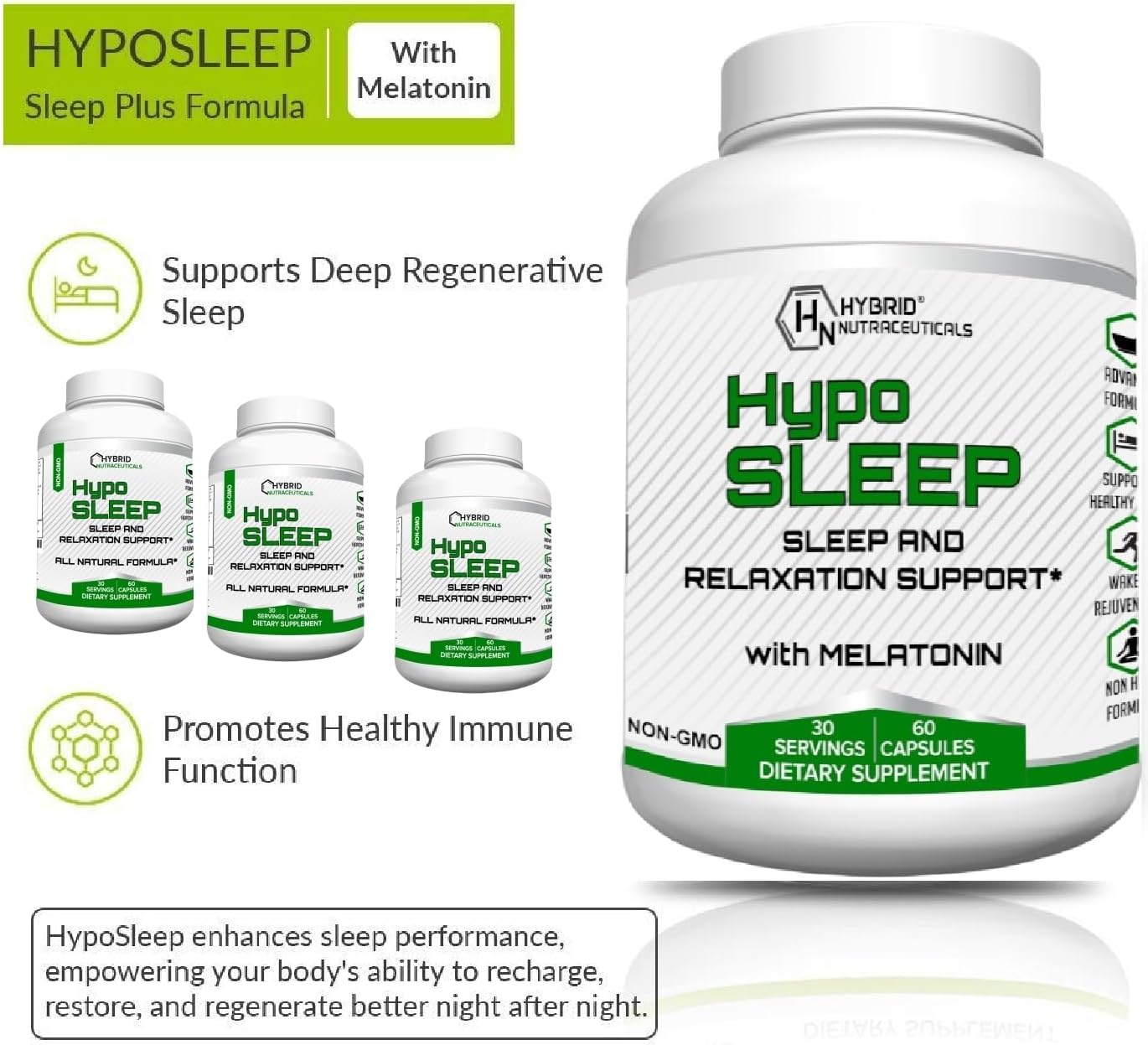 Hybrid Nutraceuticals HypoSleep with Melatonin 10mg Sleep Plus Formula for Adults - Support Healthy Sleep & Relaxation, Non-Habit-Forming, Nighttime Sleeping Pills - 60 Capsules