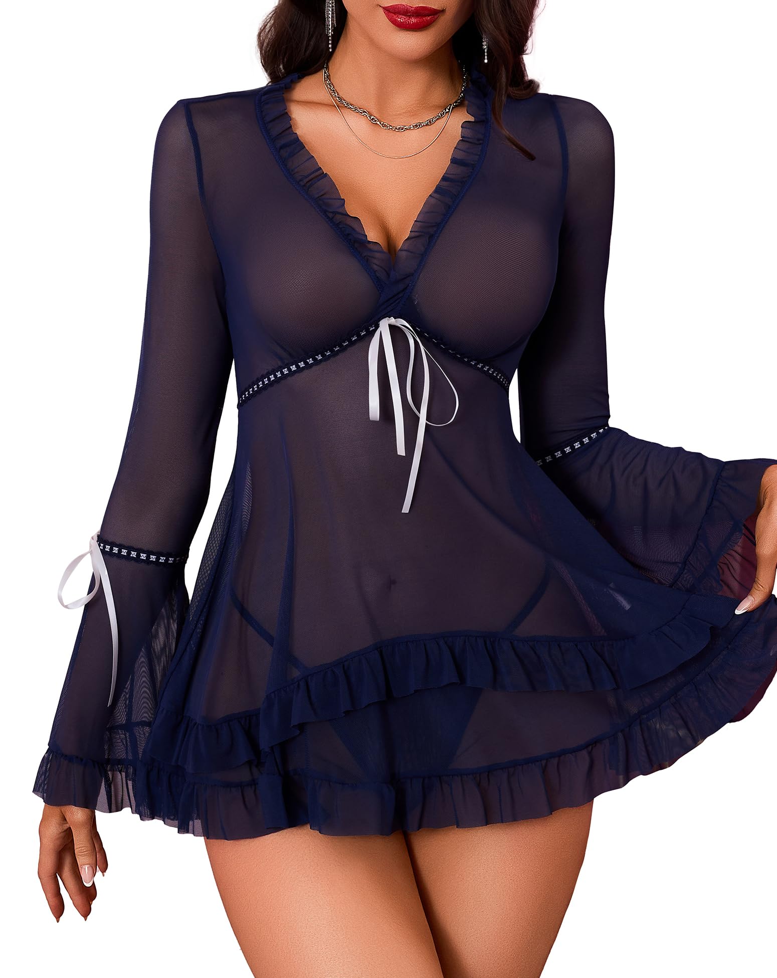 Aranmei Lingerie sexy da donna, vintage, con volant, maglia a maniche lunghe, sexy, biancheria da notte