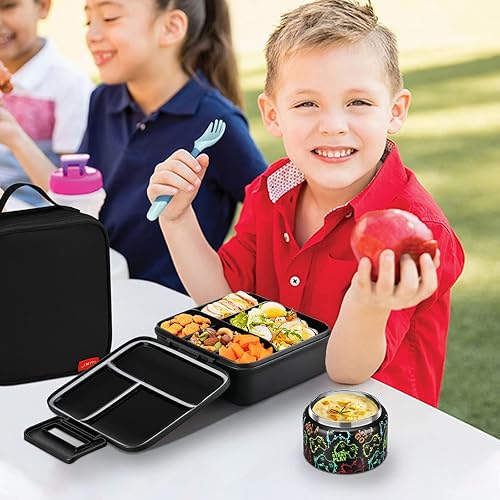 Miniatura 7 de Lonchera Bento para niños con termo de sopa de 8 onzas, recipientes de almuerzo a prueba de fugas con 5 compartimentos, tarro térmico para alimentos
