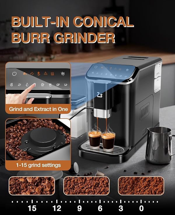 GarveeLife Fully Automatic Espresso Coffee Machine with Built-In Grinder, Milk Frother, Touchscreen, 20 Bar Pump Pressure, 1.5L Detachable Water Tank, One-Touch Latte & Cappuccino Maker, 1350W Gold by GarveeLife - Image 7