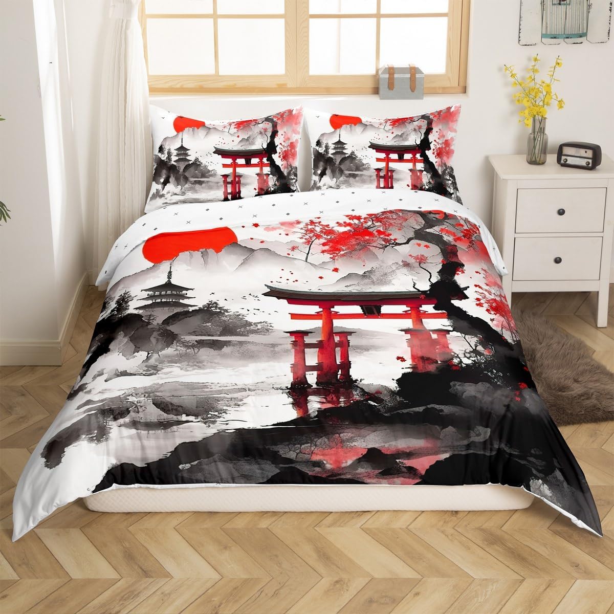 jejeloiu Japanese-Style Comforter Cover Toddler Kids Cherry Blossoms Building Bedding Set for Boys Girls Sunset Fuji Mountain Decor Spring Sakura Flower Duvet Cover Room Decor (No Comforter)