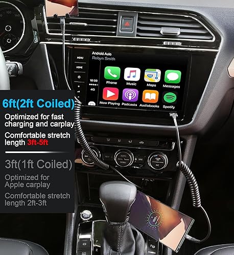 Miniatura 22 de Cable USB C a C de 3 pies, paquete de 2 cables de carga USB C en espiral para automóvil tipo C, cable de carga rápida para iPhone