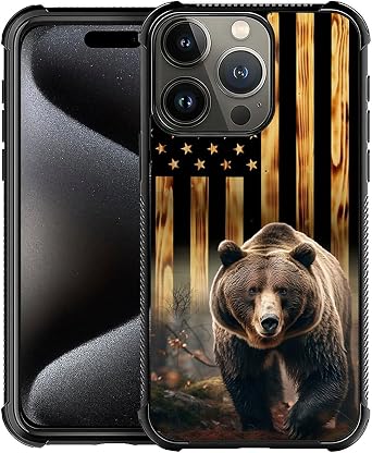DJSOK Case for iPhone 16 Pro,Luxury Pattern Design Shockproof Rugged Cover,Cases for Man Woman-Classic Wood Grain American Flag Brown Bear