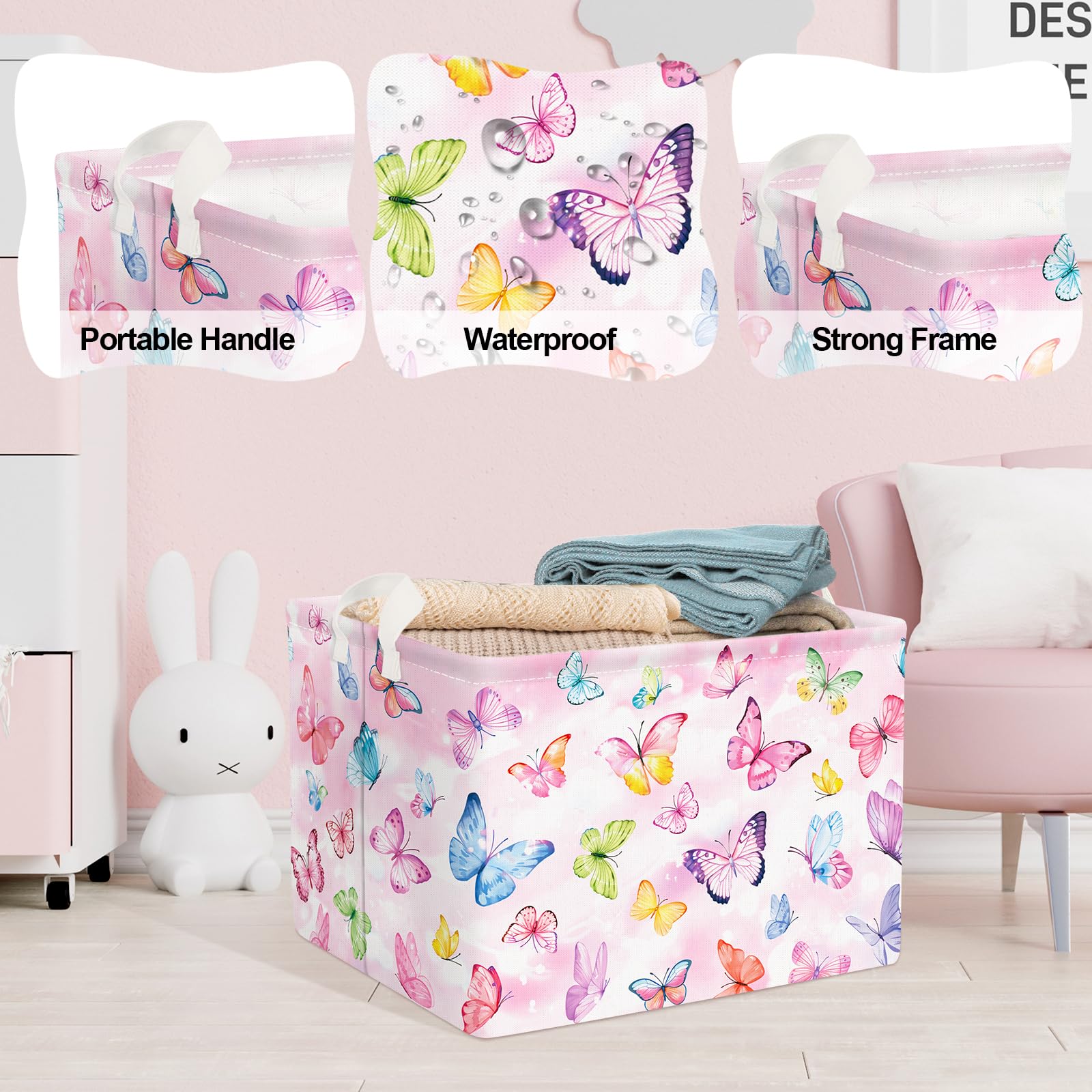 Clastyle Ceste Biancheria Bambini Farfalla Cestino Giocattoli Vestiti Impermeabile per Donna Ragazza Cestino Portaoggetti per Bagno Cameretta Bucato, Rosa, 40x30x30 cm