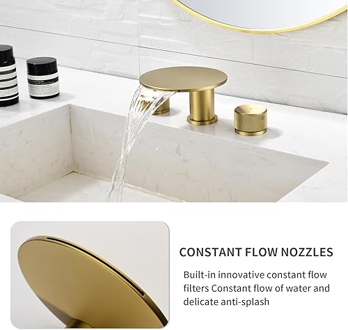 Miniatura 5 de TapLong Grifo de baño en cascada de níquel cepillado, grifo para fregadero de baño, grifo de baño generalizado de latón macizo de 3 agujeros con