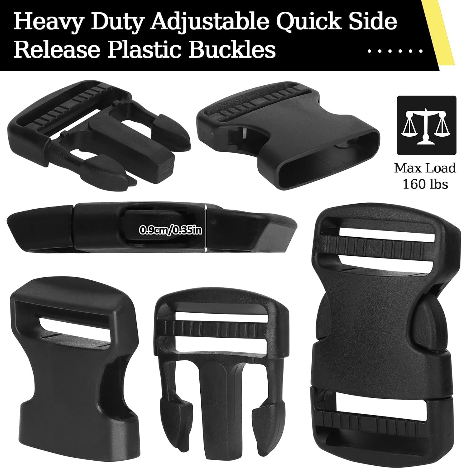RYKOMO 15 Set 1.5 Inch Side Release Buckles Plastic Clips 30 PCS Tri-Glide Slides, Heavy Duty Dual Adjustable Plastic Buckle No Sewing Black Buckle Replacement for Backpack Luggage Strap Pet Collar