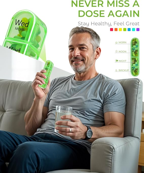 Odaro Haftalık İlaç Düzenleyici, Günde 4 Kez, Günlük İlaç Kutusu, 7 Gün, İlaç, Vitamin ve Takviye Tutmak için 28 Bölmeli Büyük Seyahat İlaç Kutusu (Renkli)