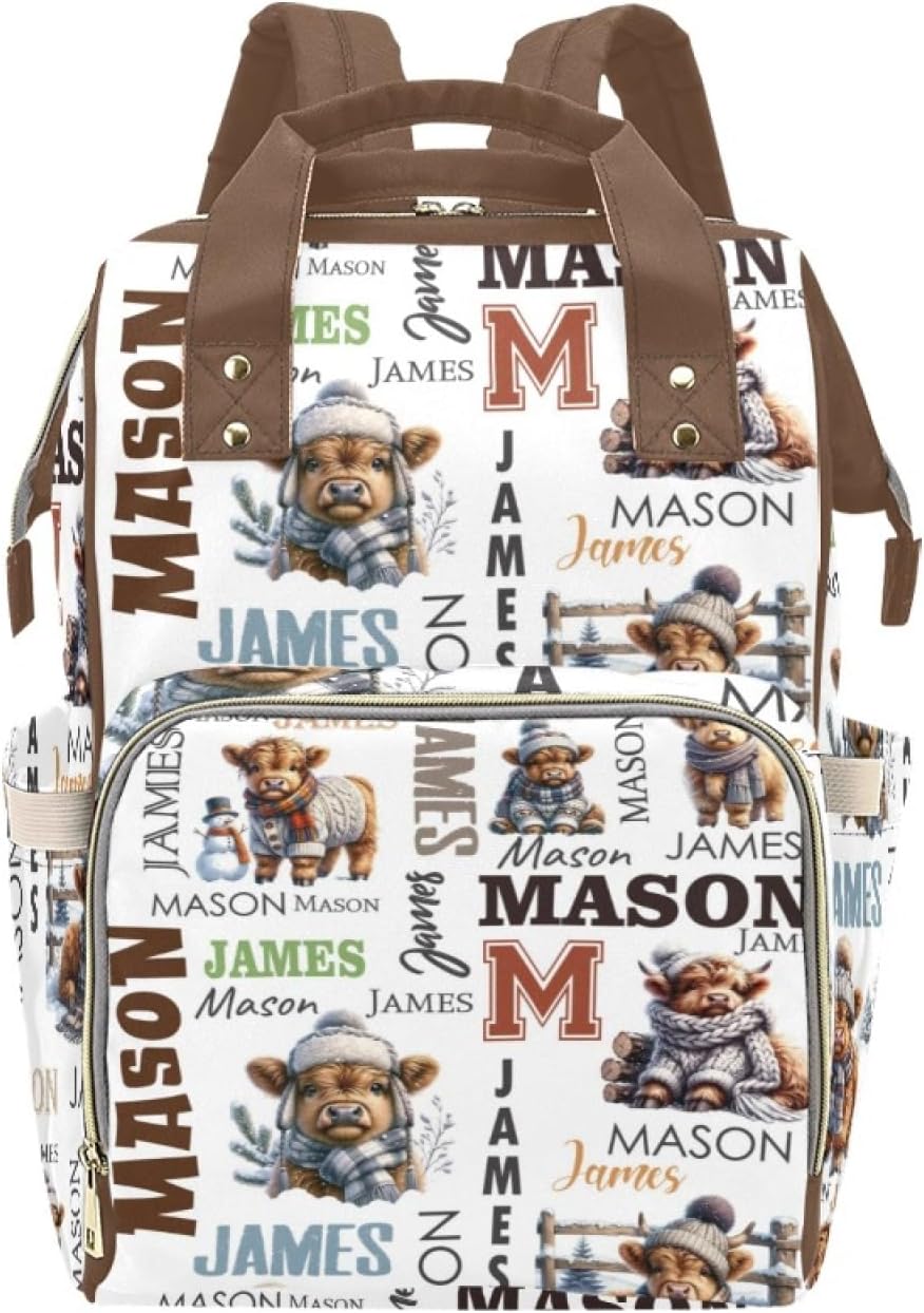 Personalized Diaper Bag Backpack for Women, Custom Name Nursing Mommy Daypack, Diaper Bag for Girls Boys, New Mom Gifts (Highland Cows)