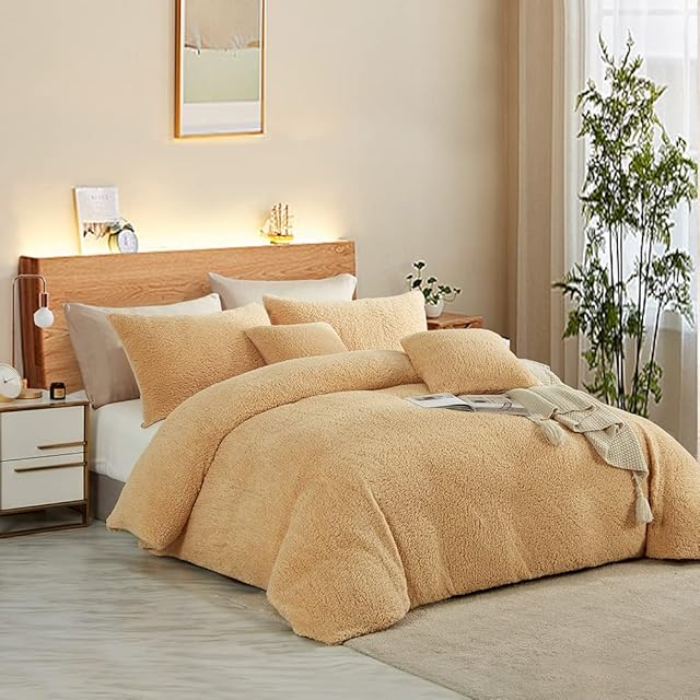 Lanqinglv Teddy Fleece Duvet Cover Set Double Bed Camel Warm Fluffy Cozy Flannel Thick Thermal Winter Bedding Sets with Zipper Closure Fleecy Quilt Cover and 2 Pillowcases 50x75cm