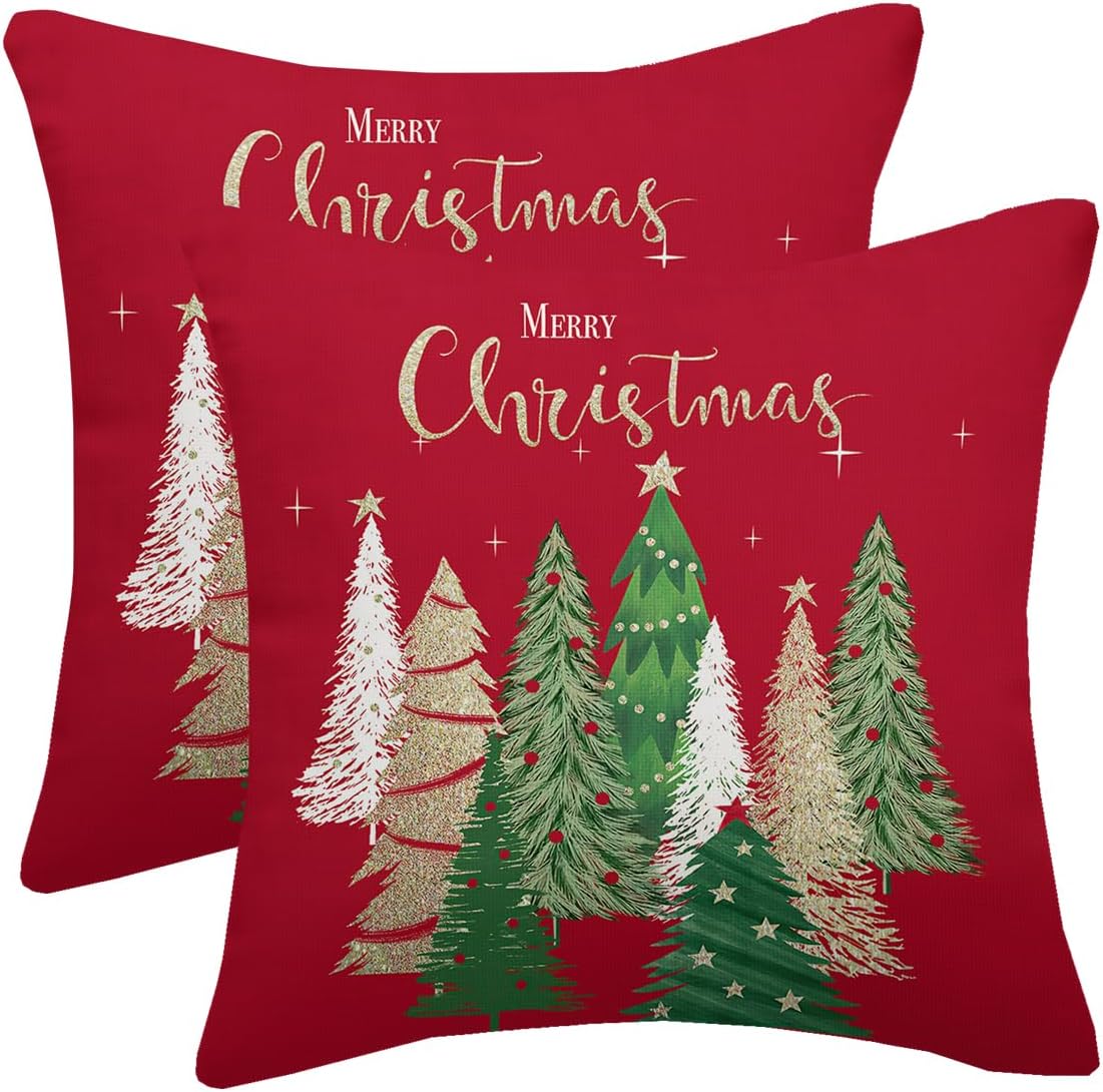Red Christmas Pillow Covers 24x24 Inch Set of 2, Christmas Tree Gold Star Decorative Throw Pillows Winter Pillow Case Holiday Christmas Decor Cushion Cover for Home Sofa Couch