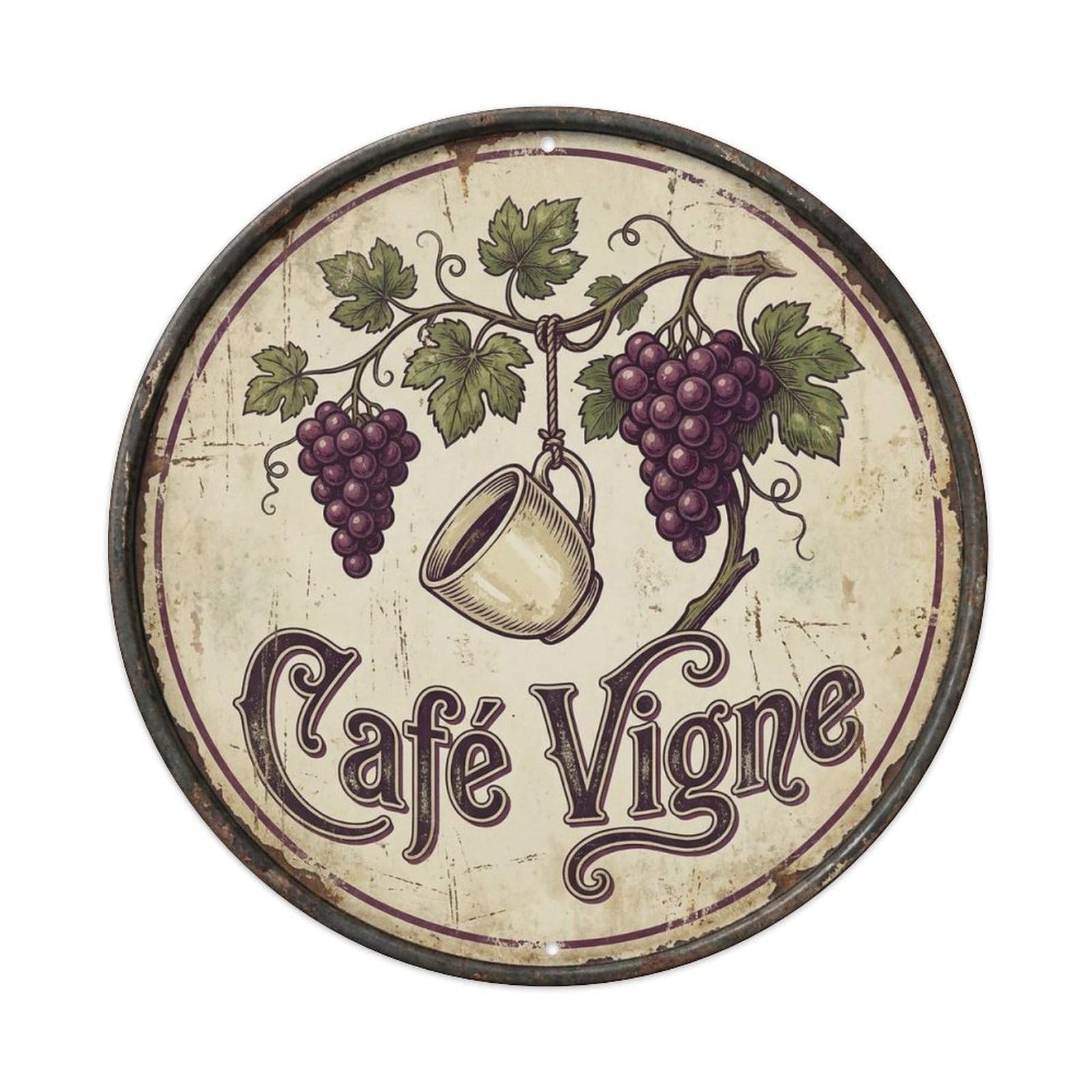 Grape Vine Cafe Latte Coffee Beans Espresso Coffeehouse Metal Tin Sign Plaque Wall Decor for Cafe, Man Cave, Club Bar, Office, Home Garden Round Metal Poster 8x8Inch