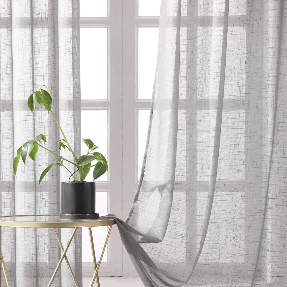 MIULEE 2 Panels Voile Curtains Sheer Cross Linen-like Solid Color Contemporary Decorative Ring Top Eyelet Panels for Bedroom Livingroom Nursery Room Dark Grey 55" Wx96 L - Image 3