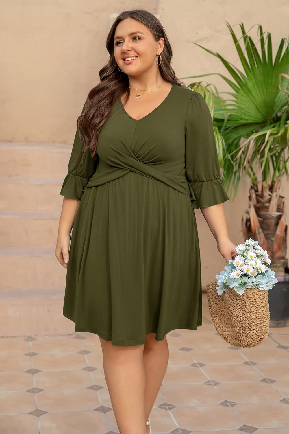 Women's Plus Size 2 Pockets Dresses 3/4 Ruffle Sleeve V Neck Crossover Flowy Pleats Casual Fall Loose Dress - Image 5