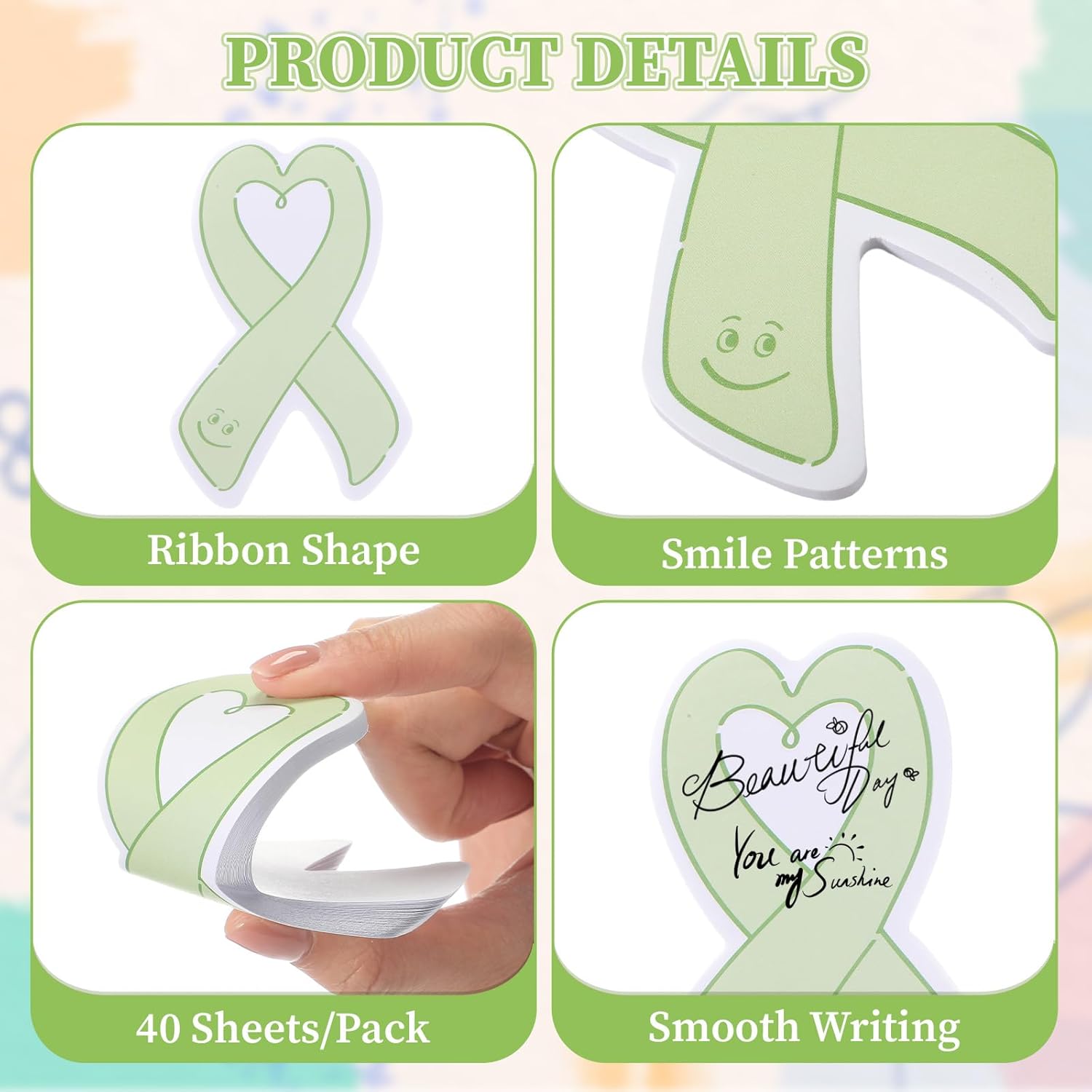 Teling 40 Pack Mental Health Awareness Accessories Sticky Notes Green Ribbon Self Stick Notepads for Office School Home Mental Health Day Party Supplies