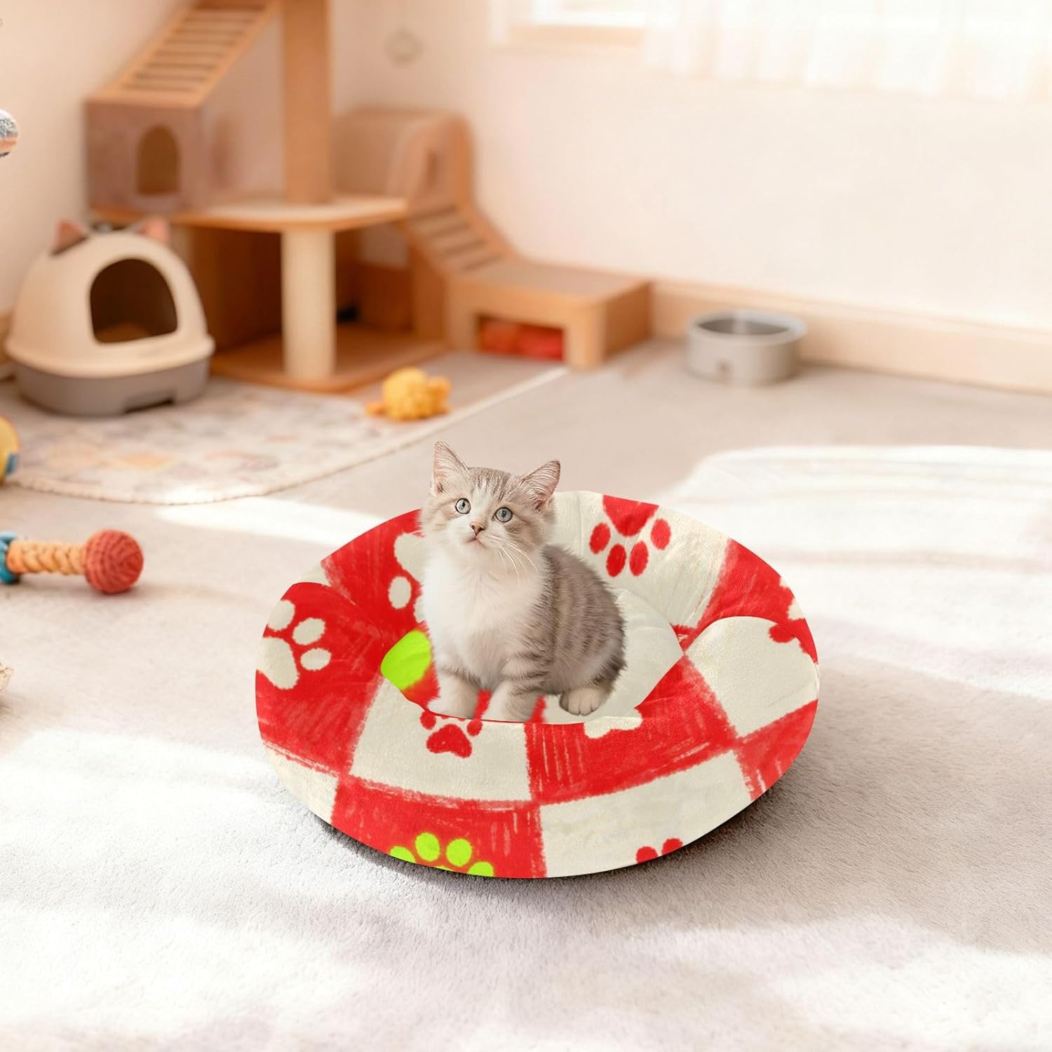 Red Beige Checkers Dog Paw Prints Pet Dog Beds Relieve Stress Dog Pillow Bed for Small Size Pets Supplies M