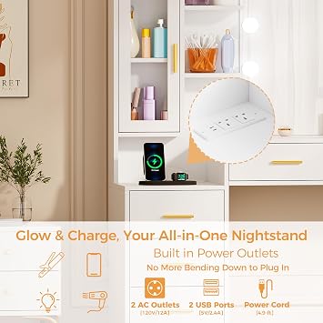 Large Dressing Table with Mirror, 10 LED Lights, White Makeup Vanity Desk with Power Outlet and 8 Drawers 8 Storage Shelves Modern Vanity Table for Girl Women Bedroom YBDT97W