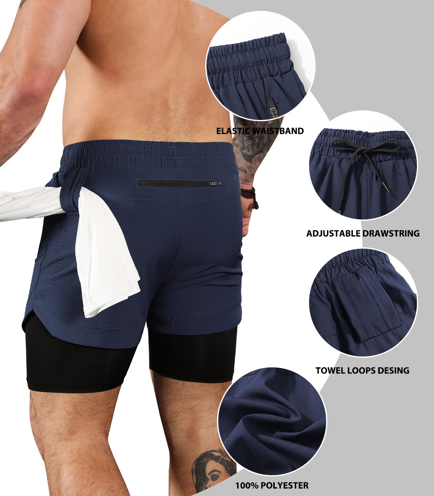 Pantalón Corto Deporte Hombre 2 en 1 Secado Rápido Ligeros Bolsillo Cremallera