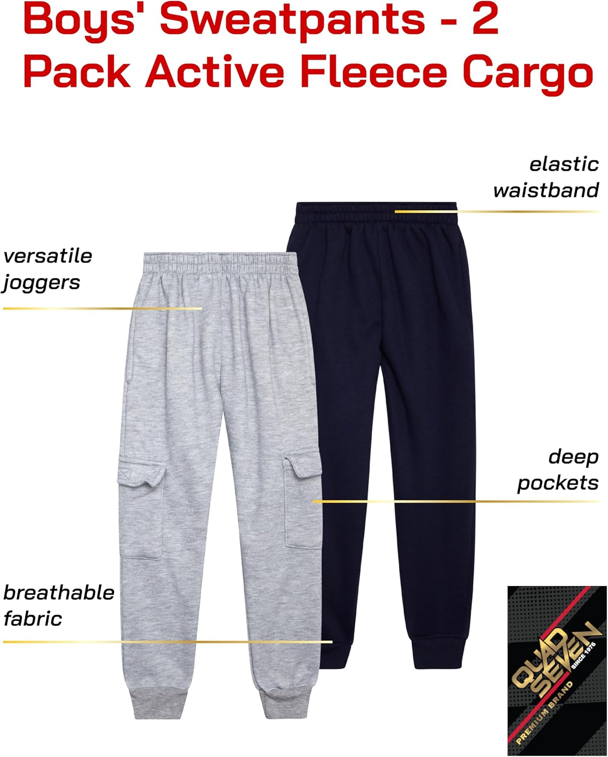 Quad Seven Active Toddler Boys Sweatpants - 2 Pack Fleece Cargo Boys Athletic Jogger Pants and Basic Sweatpants (Sizes: 2T-7)