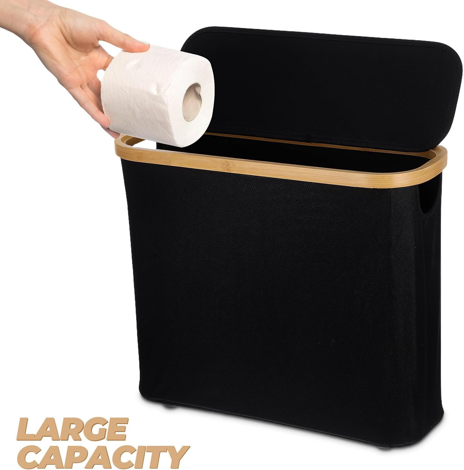 Black Toilet Storage Basket with Lid and Side Window, Foldable