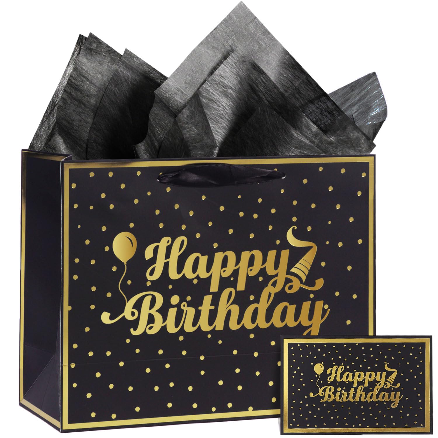momoake 13" Black Gold Large Gift Bag with Card and Tissue Paper, Birthday Gift Bag for Men Women Birthday - 13" x 10.2" x 5.2", 1 Pcs