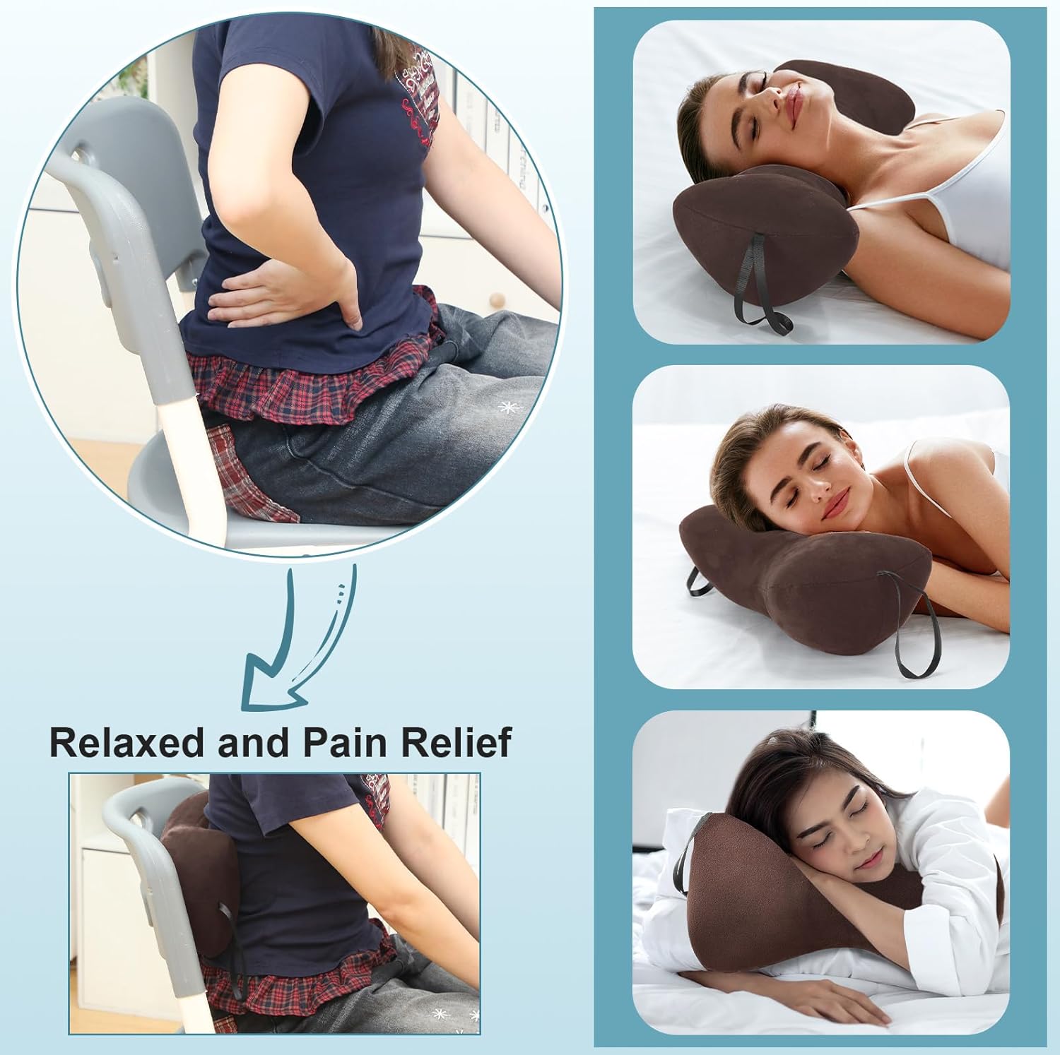 Chunful 1pcs Dog Bone Shaped Chiropractic Neck and Back Pillow for Cervical Support with Adjustable 37 Inches Strap Sofa Lounge Chair Pillow for Travel Home Use, 15 x 7 x 5 Inches (Brown) - Image 4