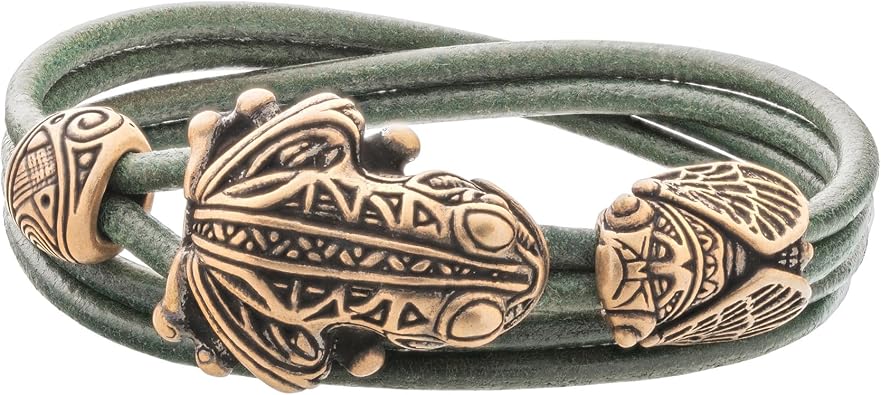 Handmade Leather Bracelet with Bronze Frog and Cicada - Animal Wristband Gift for Men Women - Maori Nature Style Armband for Him and Her Wildlife Beach Tribal Ethnic Jewelry