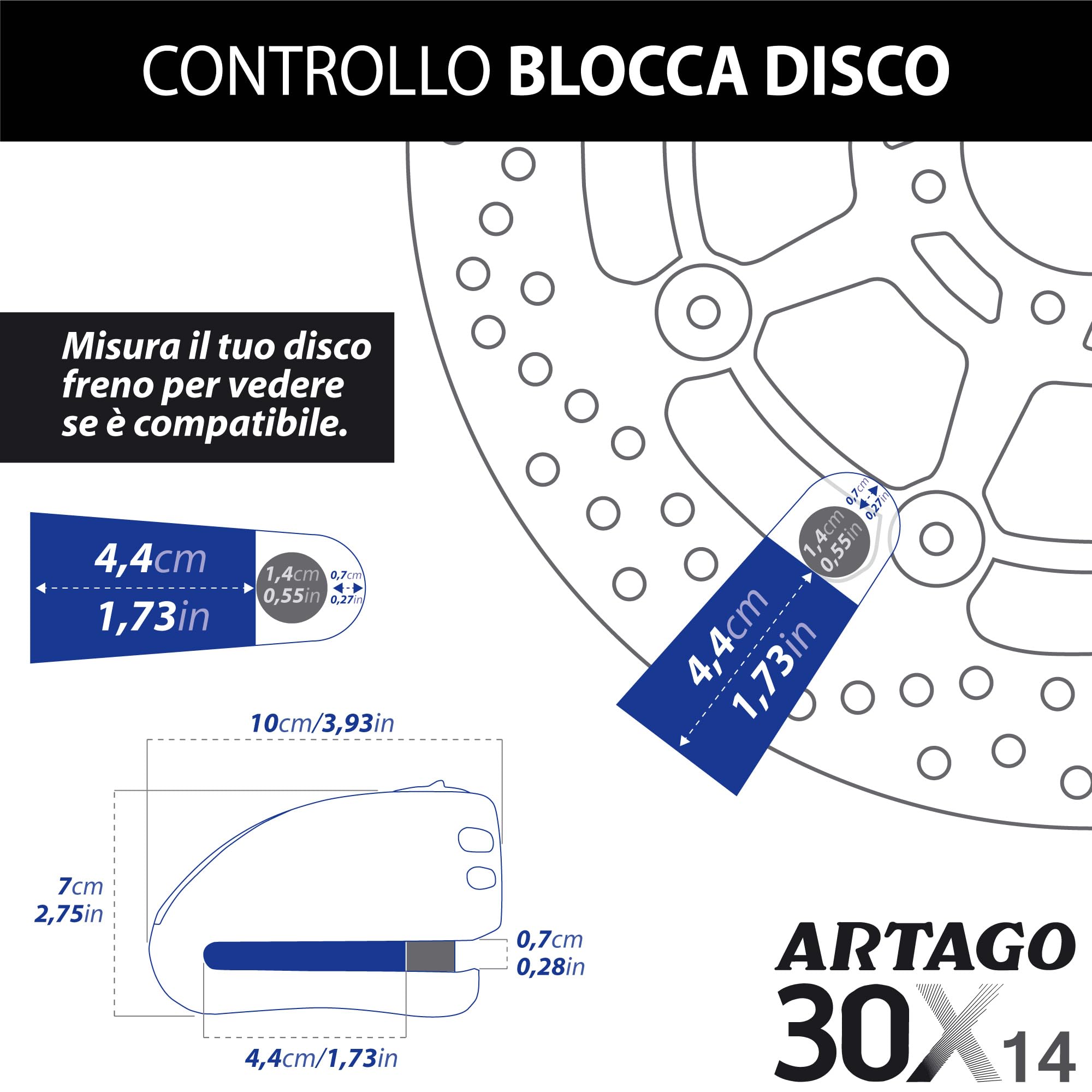 ARTAGO 30X14 Blocca Disco per Moto Alta Gamma, Senza o Con Allarme Don't Touch 120dB, Antifurto Omologato SRA e SSG, Lucchetto Alta Sicurezza Anti-Trapano 5mm, Doppia Chiusura Acciaio Temperato ø14mm