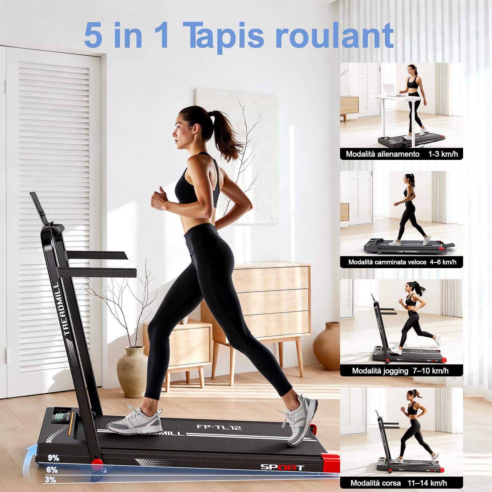 Cinta de Correr, 5 en 1 - Motor de 3 HP, 1-14 km/h - con Pantalla LED/Mando a Distancia - inclinación máxima del 9% - Soporte para iPad/teléfono móvil.