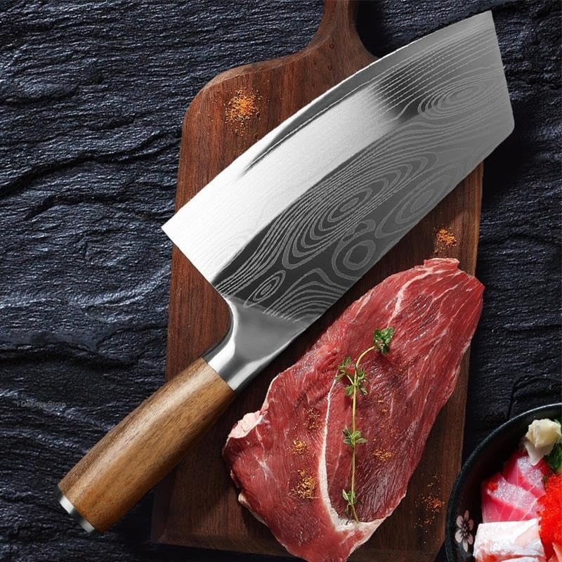 Meat Cleaver,Cleaver Knife 7.8 Inch Professional Japanese Kitchen Knife Laser Damascus Knives 4cr13 Stainless Steel Butcher Cleaver Knife Meat Fish Chef Knife