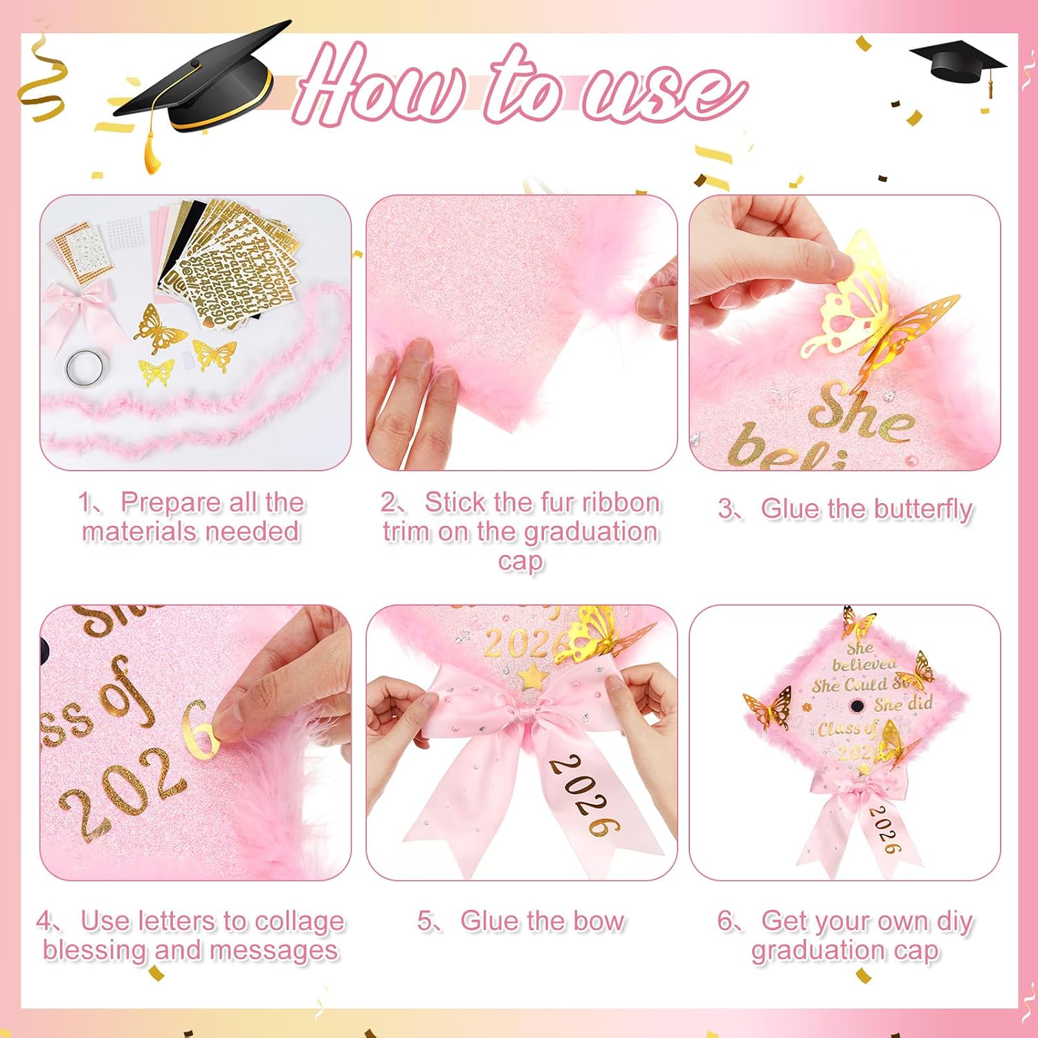 Wavwavw 30 Pcs DIY Graduation Cap Decorations Kit Grad Hats Decor Included 3D Artificial Butterfly Bow Glitter Paper Plush Alphabet Letter Stickers for 2026 DIY Grad Cap Decorations(Pink)