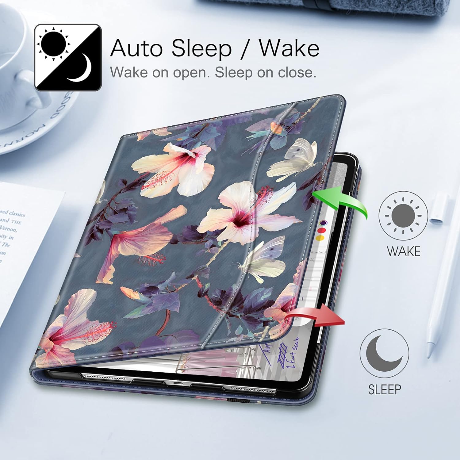 Fintie Folio Case for iPad Pro 12.9" 6th Generation 2022, Multi-Angle Smart Stand Cover w/Pencil Holder & Pocket, Also Fit iPad Pro 12.9 2021 5th & 2020 4th & 2018 3rd Gen, Blooming Hibiscus - Image 4