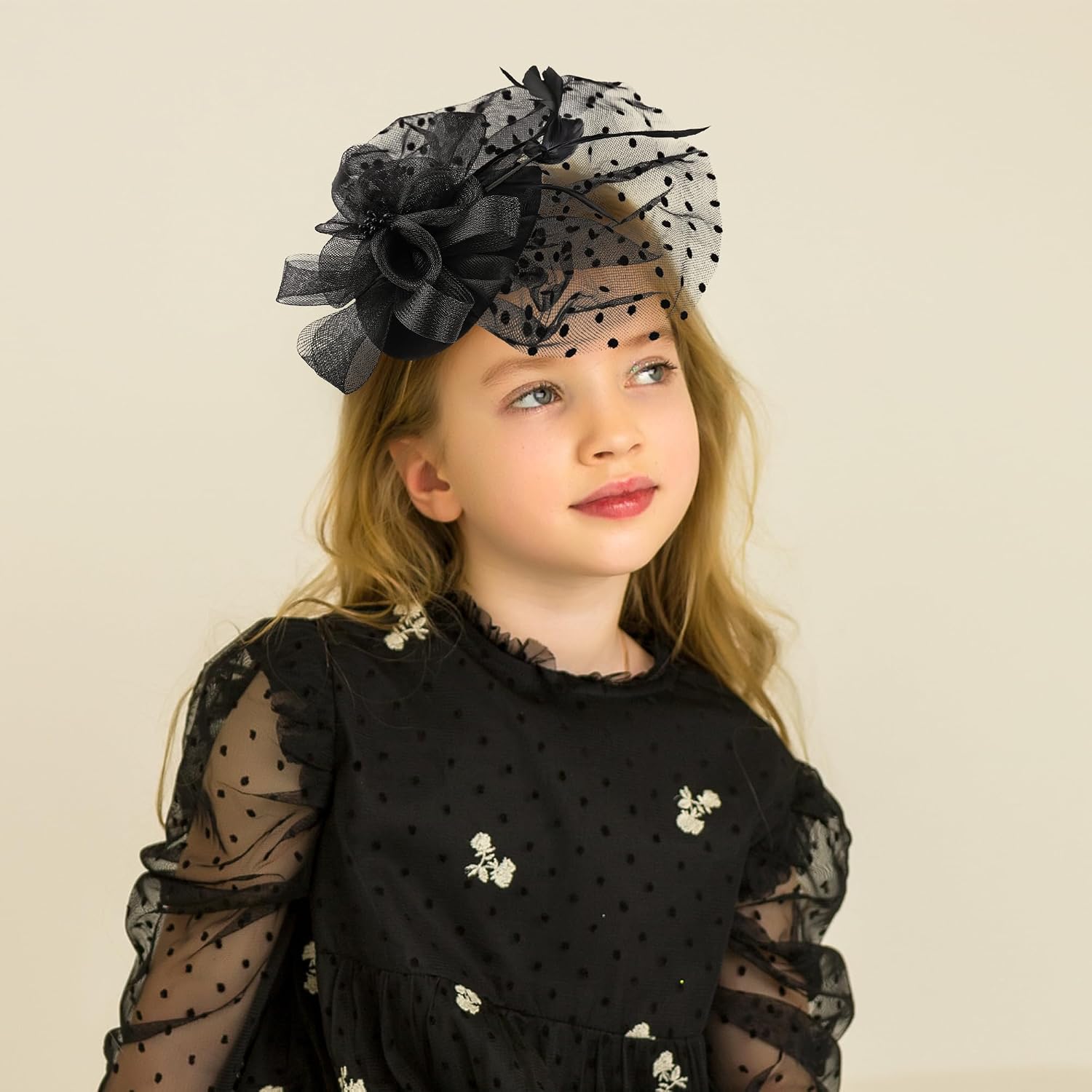 Zinniday Girls Tea Party Hat Set - 2026 Kentucky Attire Set for 1920s 50s Costume Party, Black Fascinator Church Top Pillbox Derby Hats with Pearl Necklace Earring Hand Fan and Lace Gloves Kit