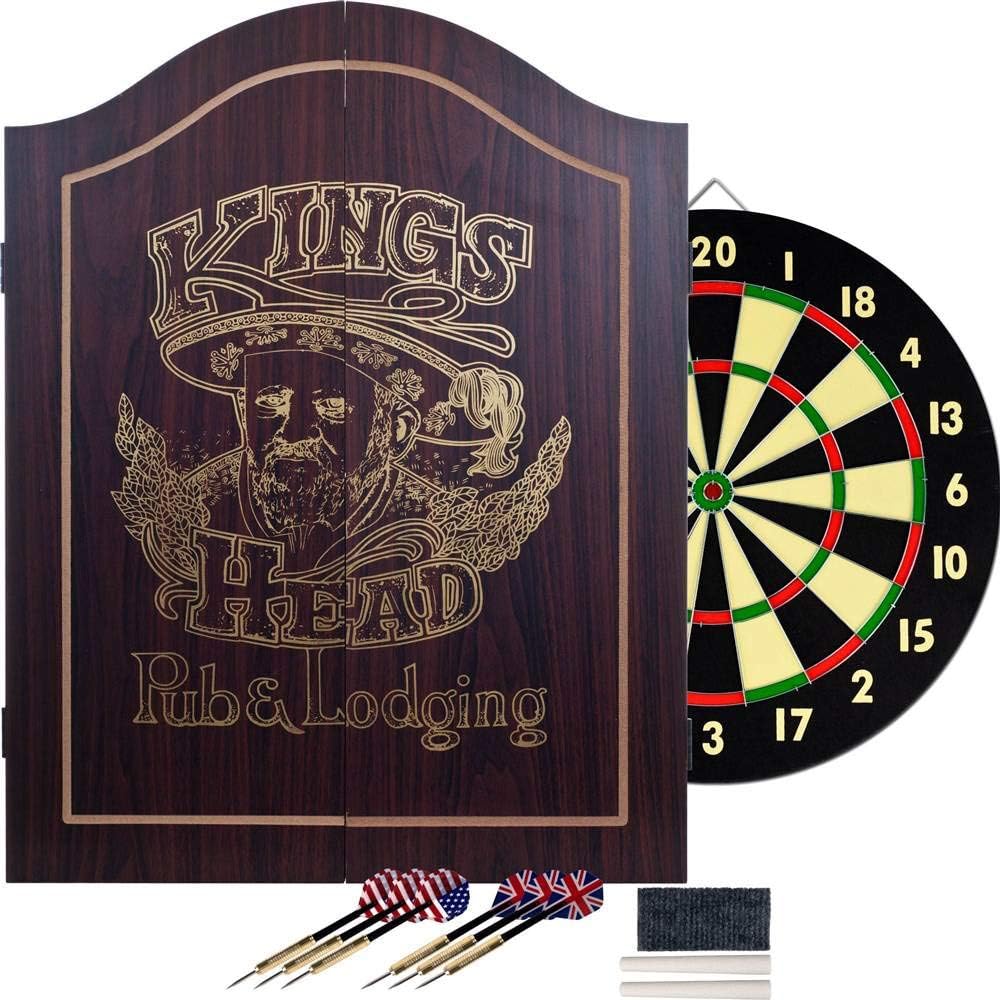 Closed dark wood dartboard cabinet with darts and chalk set displayed in front