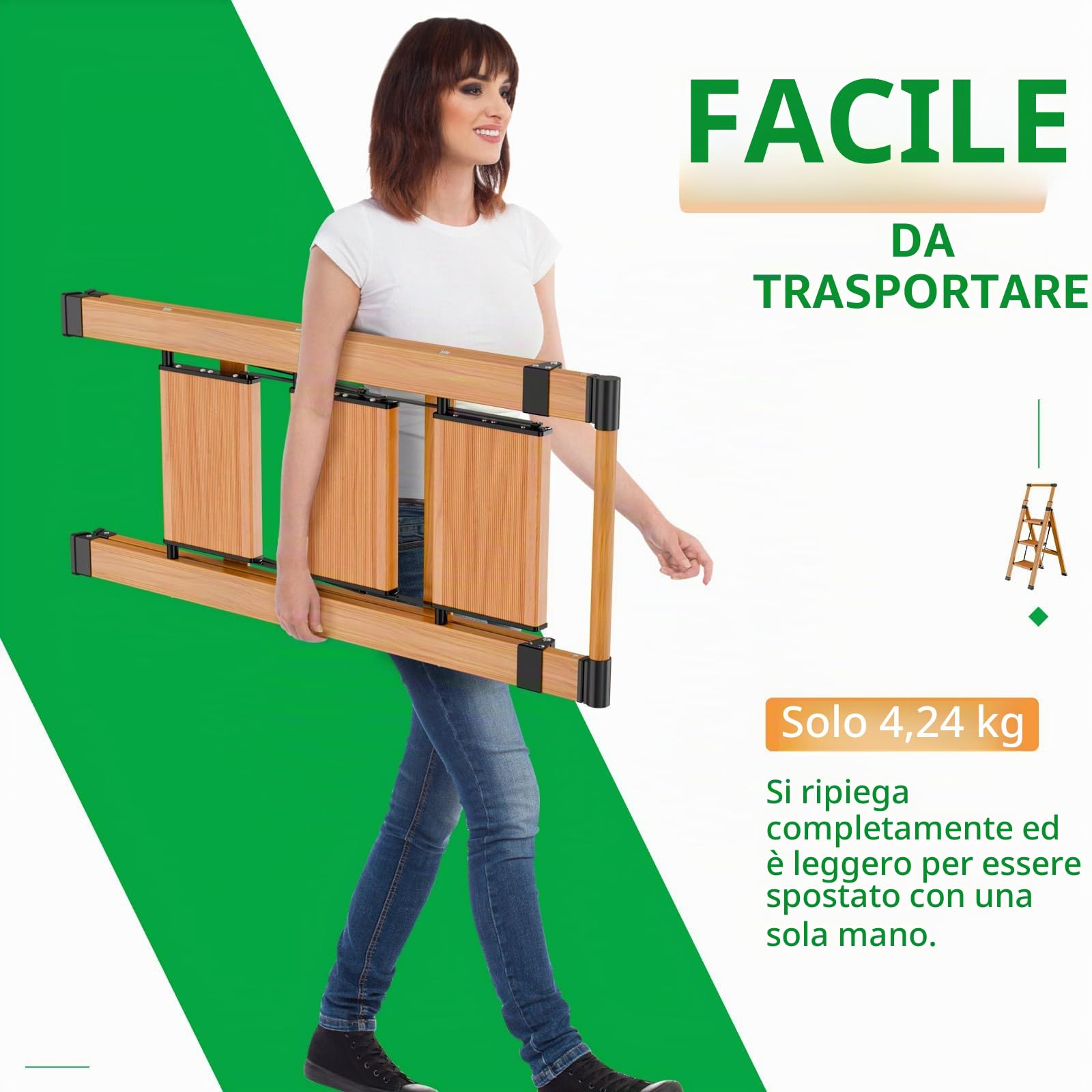 KULACO Scala multifunzione a 3 gradini antiscivolo, venature in legno, alluminio, fino a 150 kg