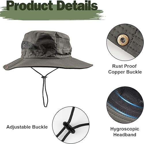 Miniatura 3 de Sombreros de sol para hombre, sombrero de pesca de ala ancha, sombrero de safari con doble capa de malla transpirable, diseño de ala plegable,