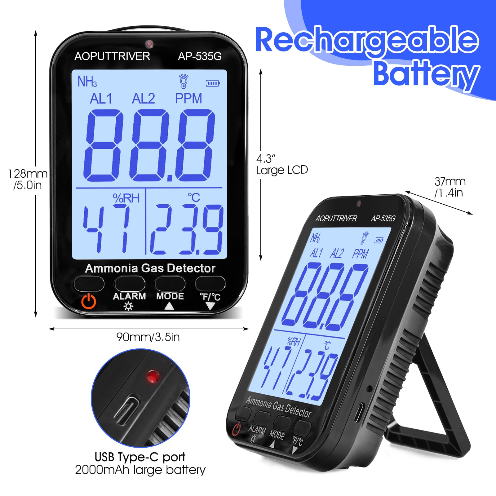 Detector de Gas Amoníaco 535G, Monitor de Gas NH3 Rango del Sensor 0-100ppm Medidor de Amoníaco Recargable con Alarma, Temperatura(℉/℃), Humedad, Pantalla LCD Retroiluminada