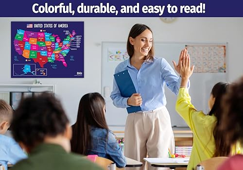 Vista 5 de Póster de 50 estados con mayúsculas de Estados Unidos - Laminado de 17 x 22 pulgadas - Colorido mapa completo de Estados Unidos para niños - América