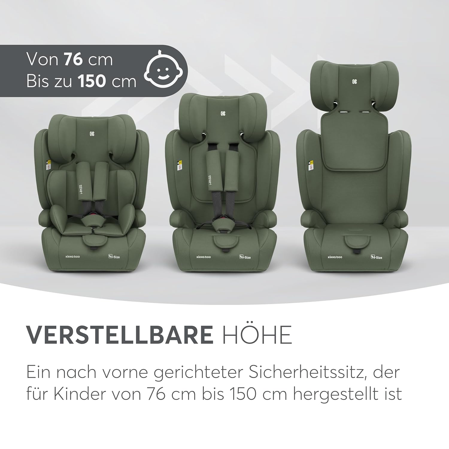 KikkaBoo i-Pass car seat showing adjustable height from 76 cm to 150 cm